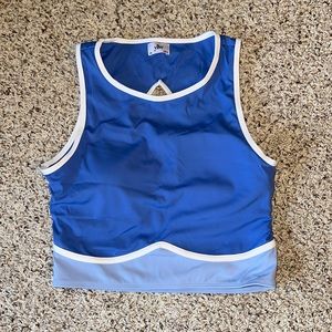 XL blue and white Yellow the Label sports bra with an open back